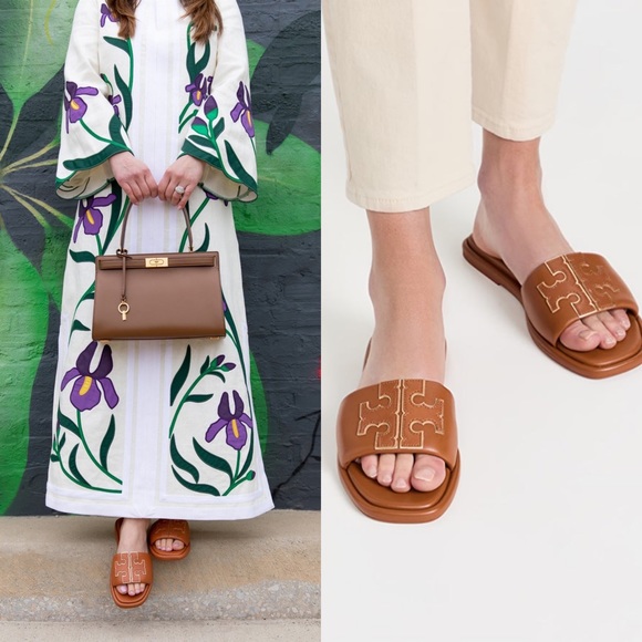 Tory Burch Shoes - New Tory Burch Brown Double T Sport Slide Sandals In Bourbon Miele/Gold Size 7.5